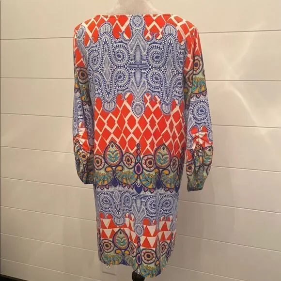 West Kei Orange and Blue Resort Wear Sundress with 3/4 Bishop Sleeves - Picture 6 of 10